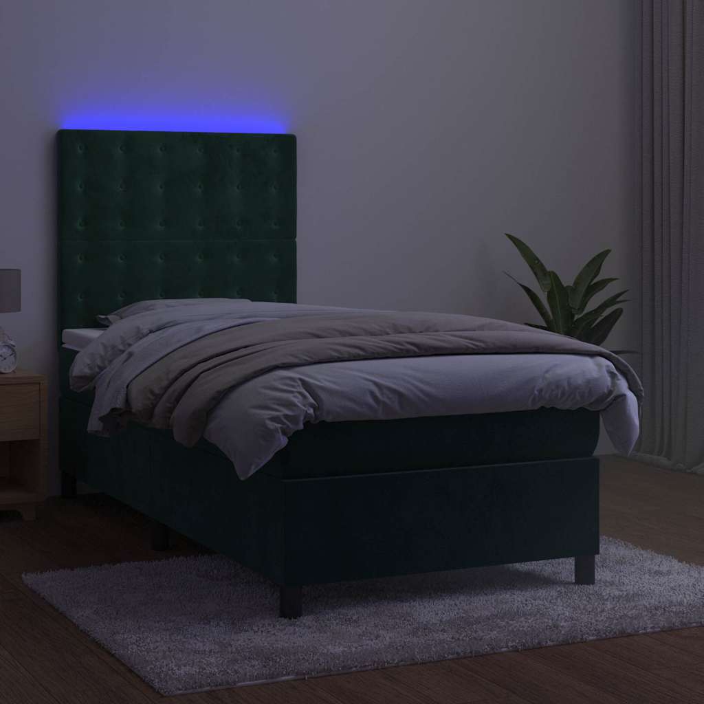 Κρεβάτι Boxspring με Στρώμα & LED Σκ. Πράσινο 100x200εκ Βελούδο