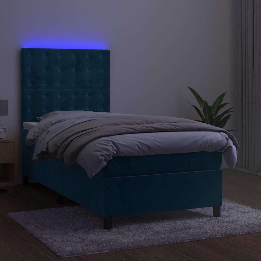 Κρεβάτι Boxspring με Στρώμα & LED Σκ. Μπλε 100x200εκ. Βελούδινο