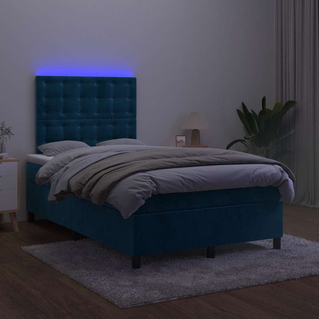 Κρεβάτι Boxspring με Στρώμα & LED Σκ. Μπλε 120x200εκ. Βελούδινο