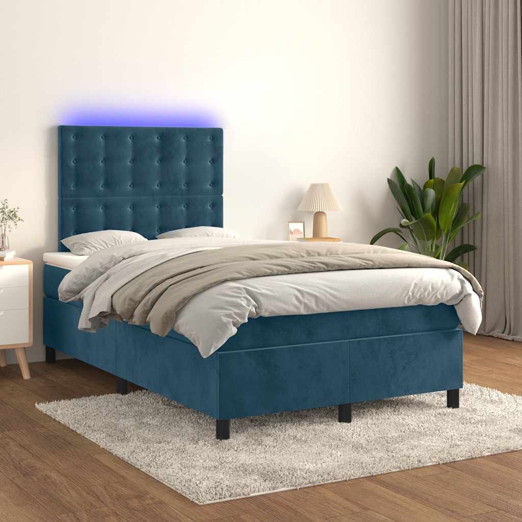 Κρεβάτι Boxspring με Στρώμα & LED Σκ. Μπλε 120x200εκ. Βελούδινο
