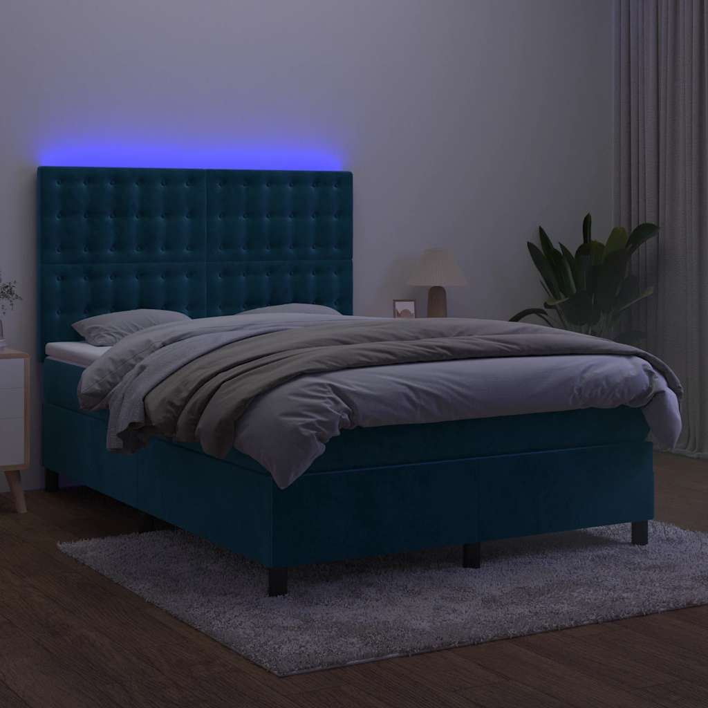 Κρεβάτι Boxspring με Στρώμα & LED Σκ. Μπλε 140x190εκ. Βελούδινο - Pakobazaar