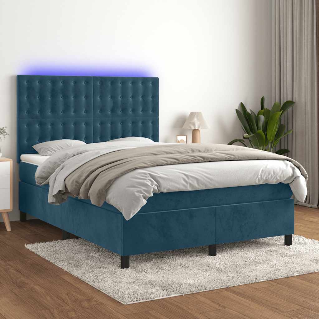 Κρεβάτι Boxspring με Στρώμα & LED Σκ. Μπλε 140x190εκ. Βελούδινο - Pakobazaar