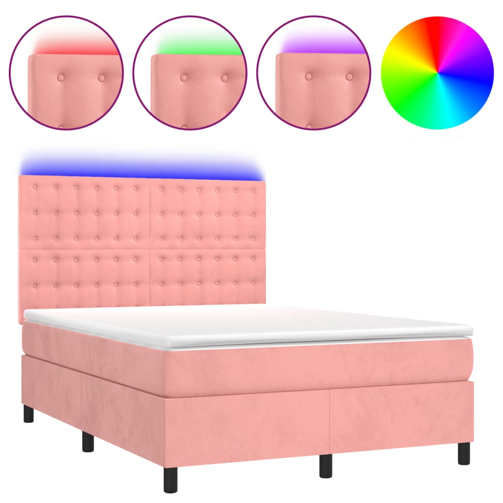 Κρεβάτι Boxspring με Στρώμα & LED Ροζ 140x190 εκ. Βελούδινο