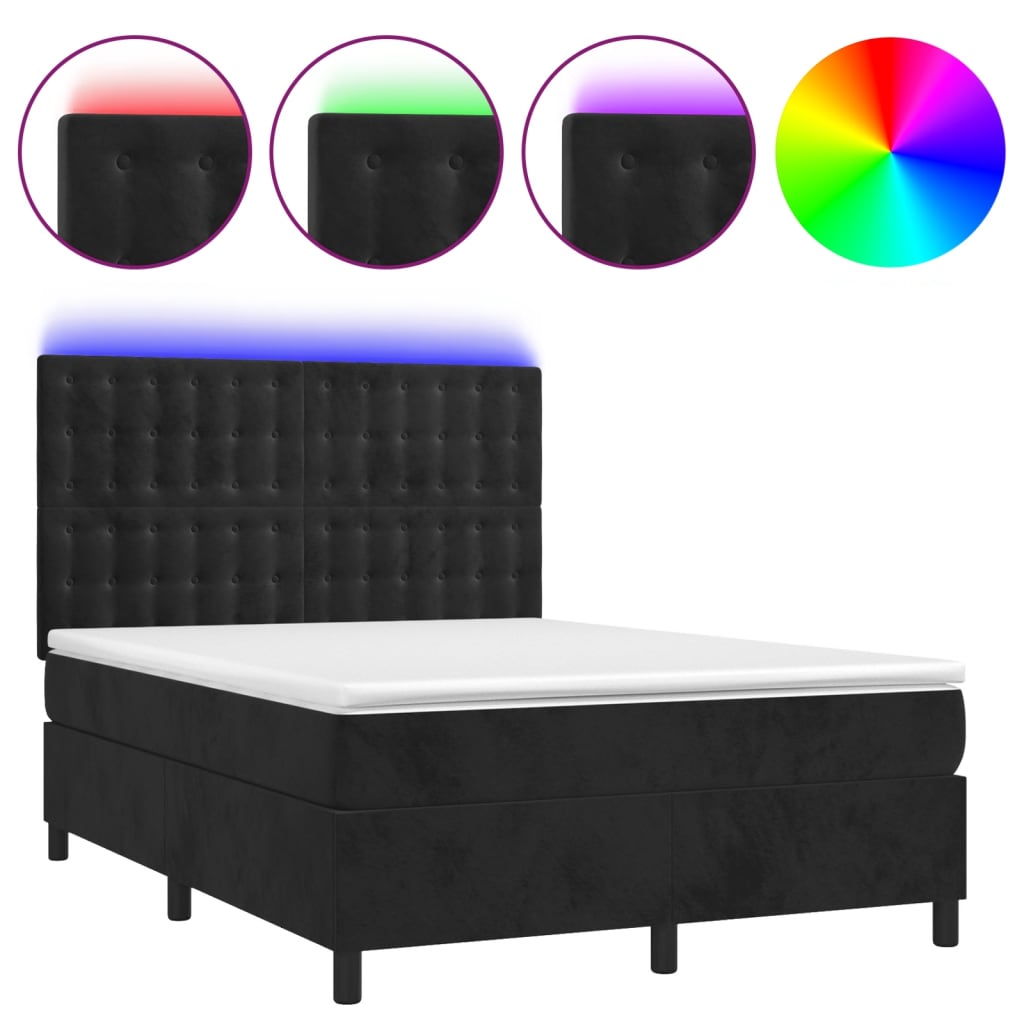 Κρεβάτι Boxspring με Στρώμα & LED Μαύρο 140x200 εκ. Βελούδινο