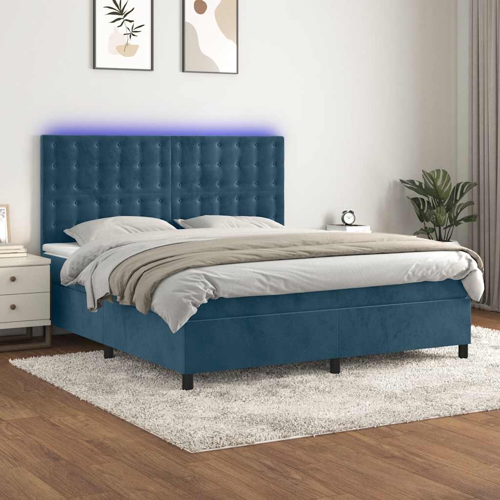 Κρεβάτι Boxspring με Στρώμα & LED Σκ. Μπλε 160x200εκ. Βελούδινο