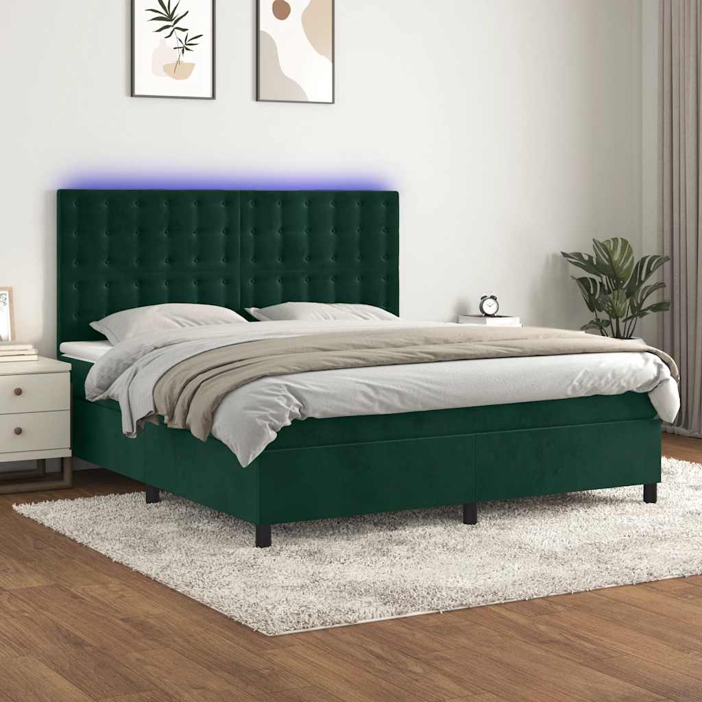 Κρεβάτι Boxspring με Στρώμα & LED Σκ. Πράσινο 180x200εκ Βελούδο