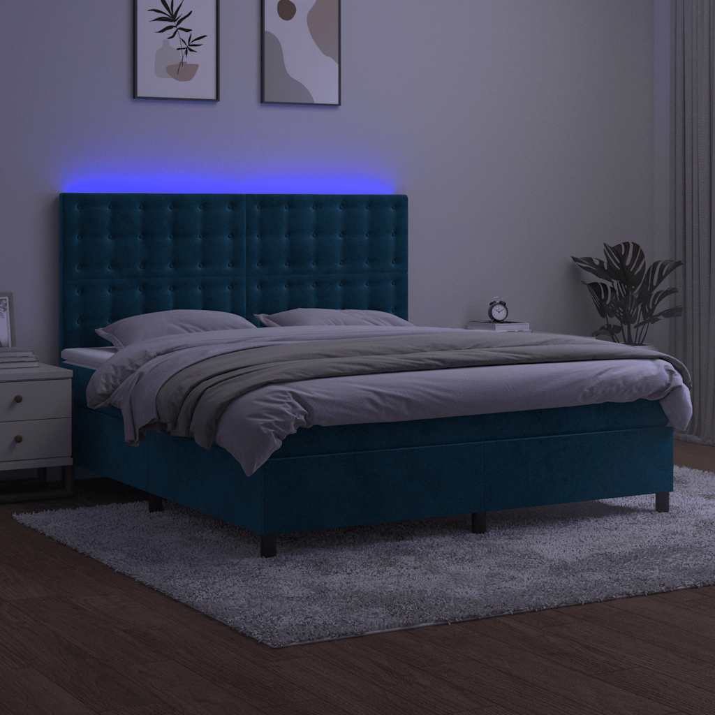 Κρεβάτι Boxspring με Στρώμα & LED Σκ. Μπλε 180x200εκ. Βελούδινο