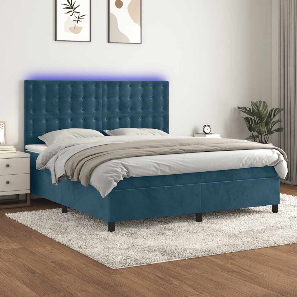 Κρεβάτι Boxspring με Στρώμα & LED Σκ. Μπλε 180x200εκ. Βελούδινο