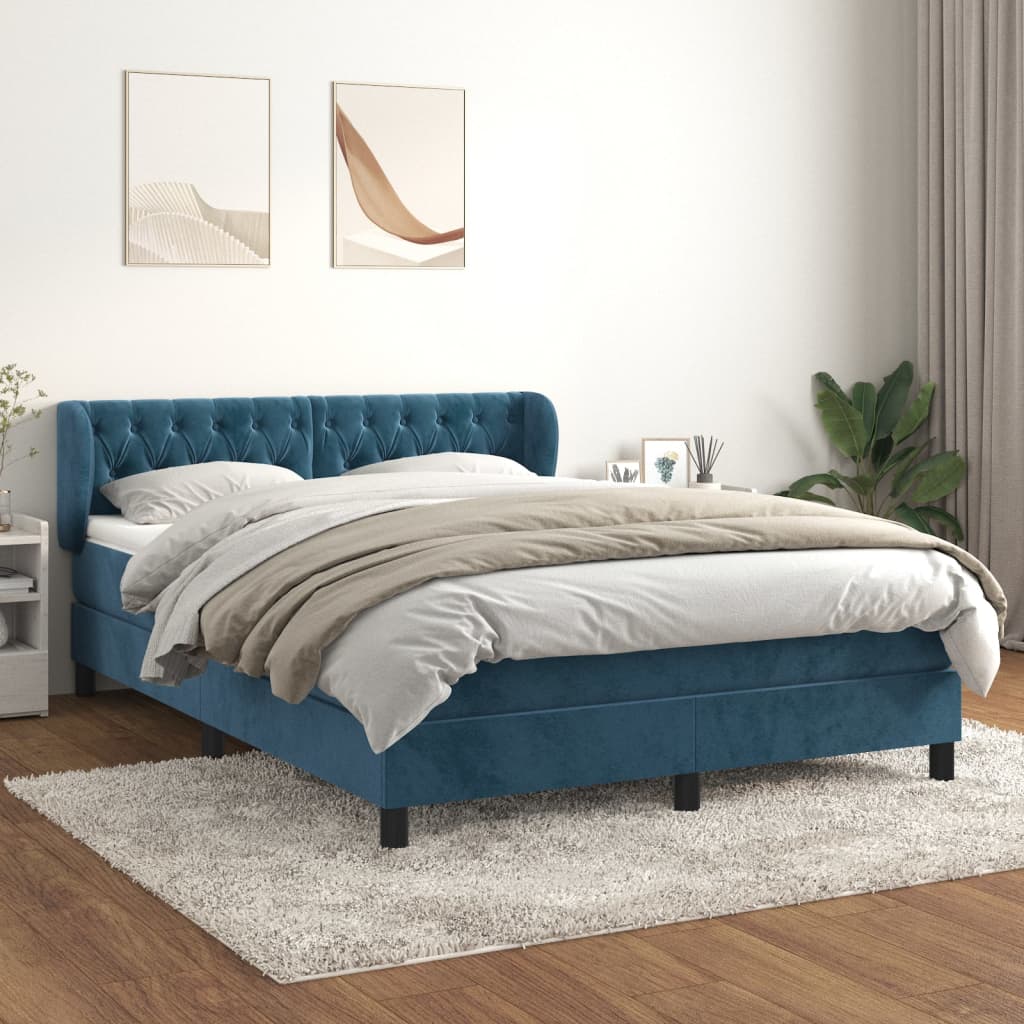 Κρεβάτι Boxspring με Στρώμα Σκούρο Μπλε 140x200 εκ. Βελούδινο - Pakobazaar