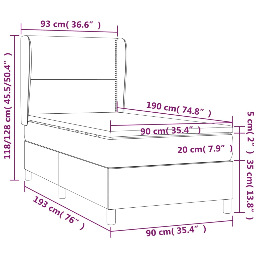 Κρεβάτι Boxspring με Στρώμα Σκούρο Γκρι 90x190 εκ. Υφασμάτινο - Pakobazaar