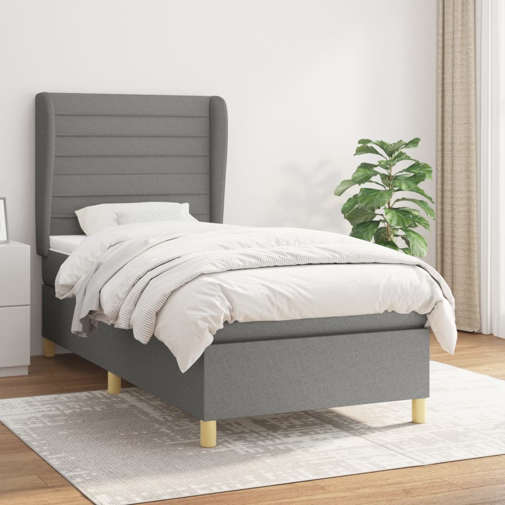 Κρεβάτι Boxspring με Στρώμα Σκούρο Γκρι 90x200 εκ. Υφασμάτινο - Pakobazaar