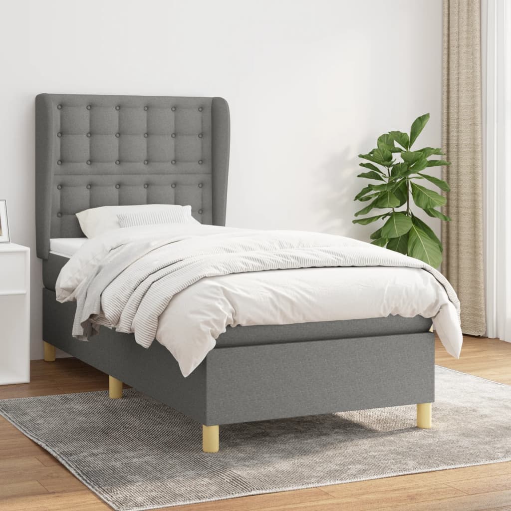 Κρεβάτι Boxspring με Στρώμα Σκούρο Γκρι 90x190 εκ. Υφασμάτινο - Pakobazaar