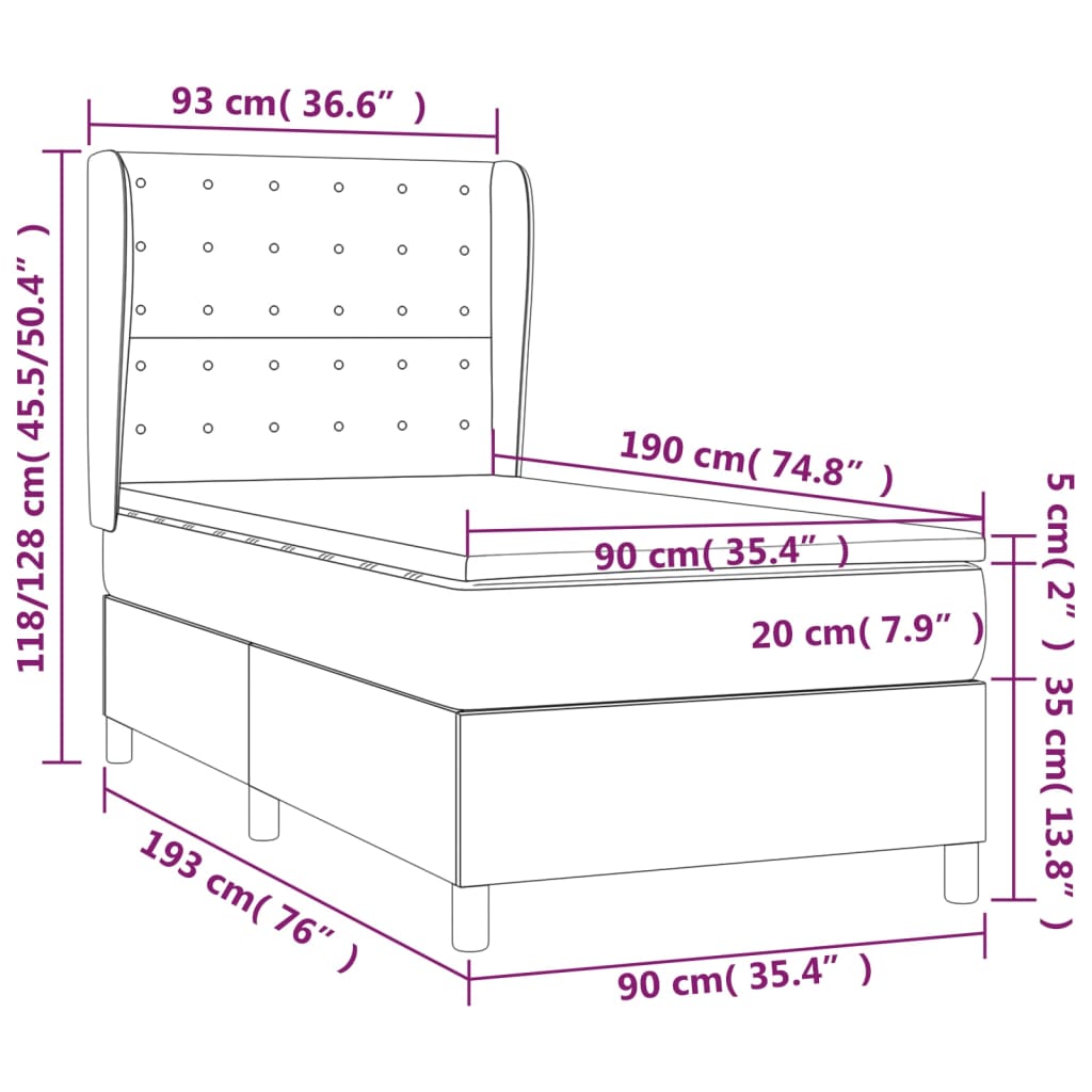 Κρεβάτι Boxspring με Στρώμα Μαύρο 90x190 εκ.Υφασμάτινο