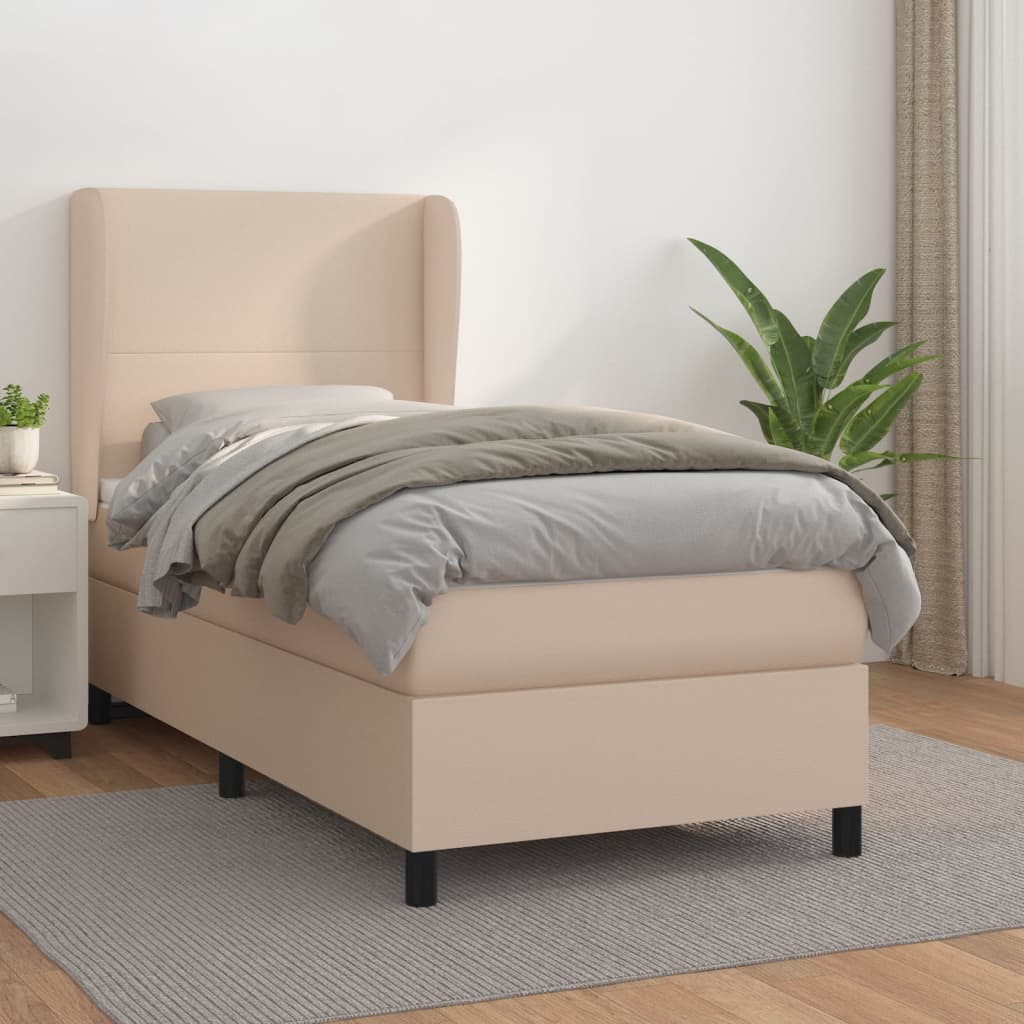 Κρεβάτι Boxspring με Στρώμα Καπουτσίνο 100x200εκ.από Συνθ.Δέρμα - Pakobazaar
