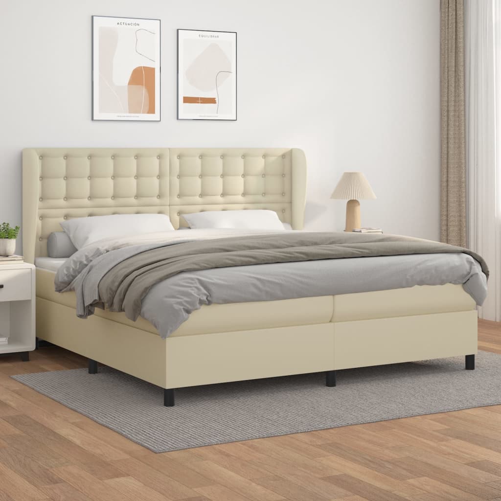 Κρεβάτι Boxspring με Στρώμα Κρεμ 200x200 εκ. Συνθετικό Δέρμα - Pakobazaar