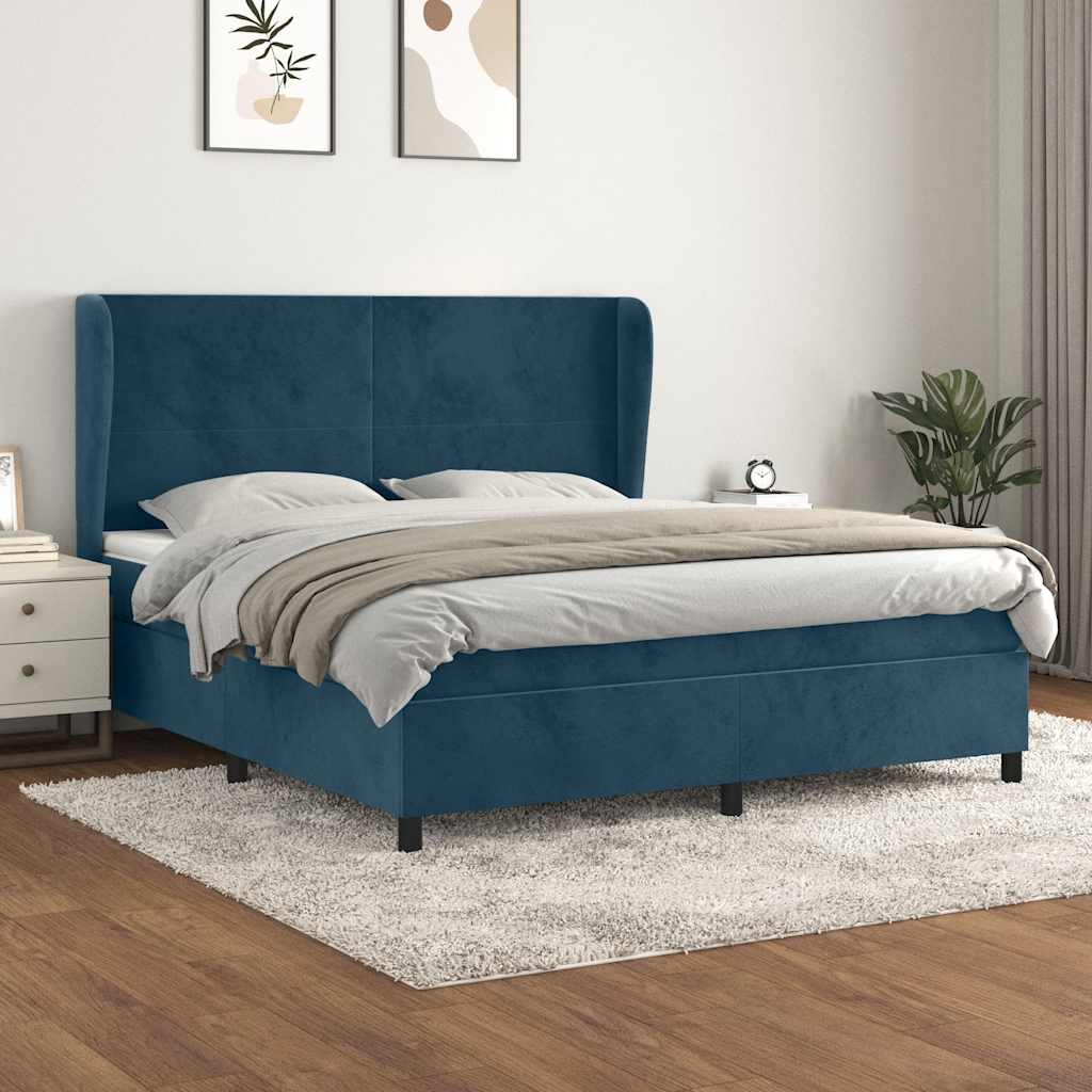 Κρεβάτι Boxspring με Στρώμα Σκούρο Μπλε 160x200 εκ. Βελούδινο - Pakobazaar