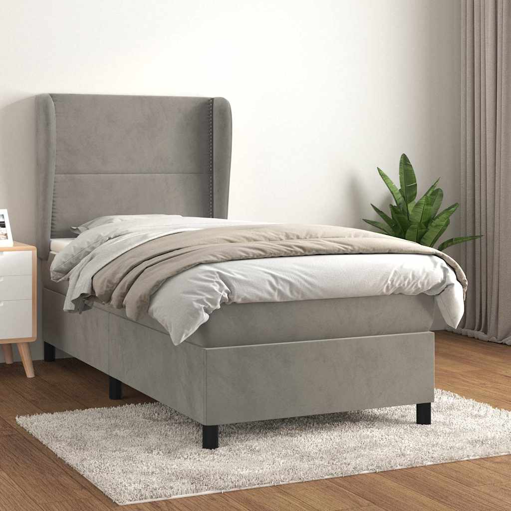 Κρεβάτι Boxspring με Στρώμα Ανοιχτό Γκρι 90x190 εκ. Βελούδινο - Pakobazaar