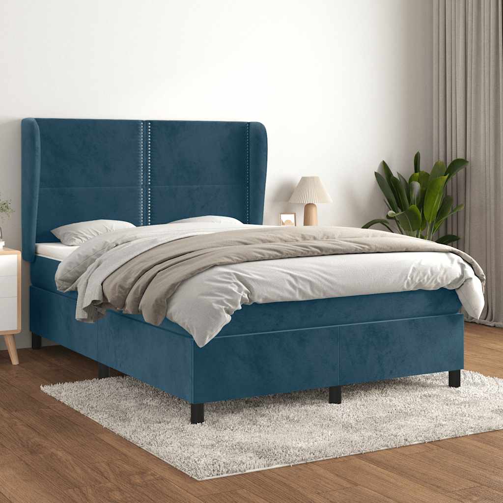 Κρεβάτι Boxspring με Στρώμα Σκούρο Μπλε 140x200 εκ. Βελούδινο - Pakobazaar