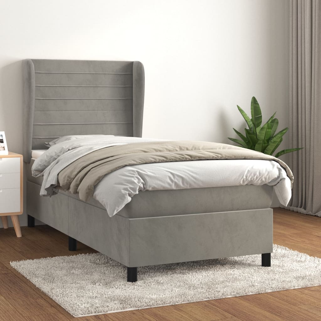 Κρεβάτι Boxspring με Στρώμα Ανοιχτό Γκρι 90x200 εκ. Βελούδινο - Pakobazaar