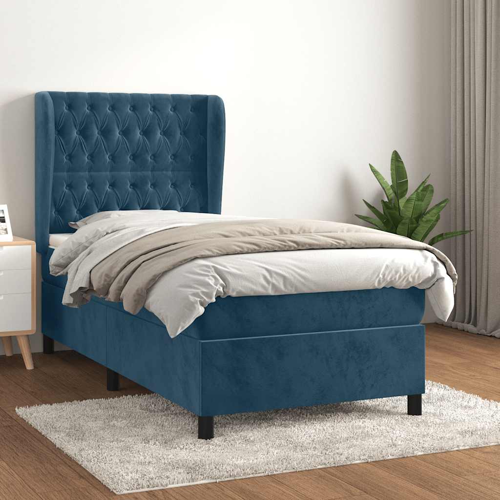 Κρεβάτι Boxspring με Στρώμα Σκούρο Μπλε 90x200 εκ. Βελούδινο - Pakobazaar