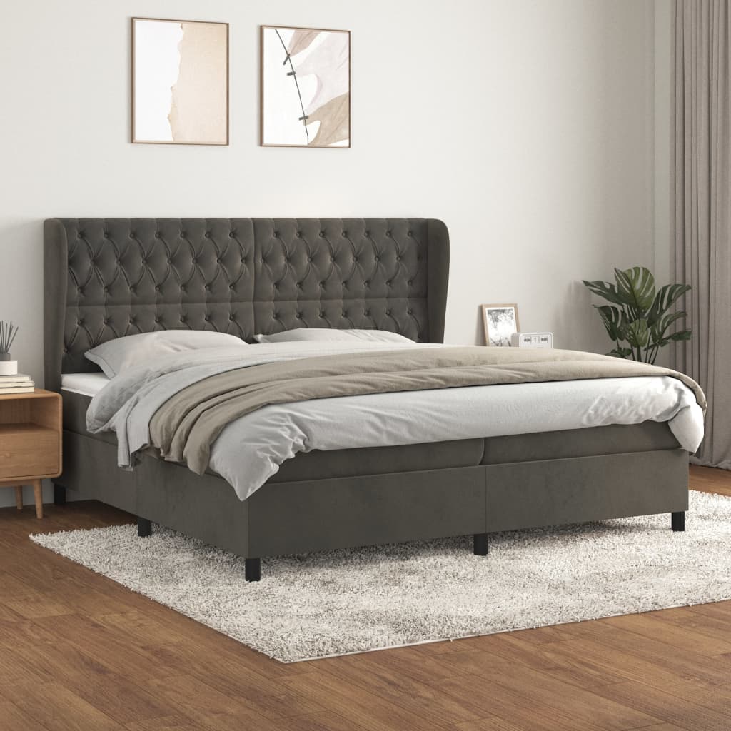 Κρεβάτι Boxspring με Στρώμα Σκούρο Γκρι 200x200 εκ. Βελούδινο - Pakobazaar