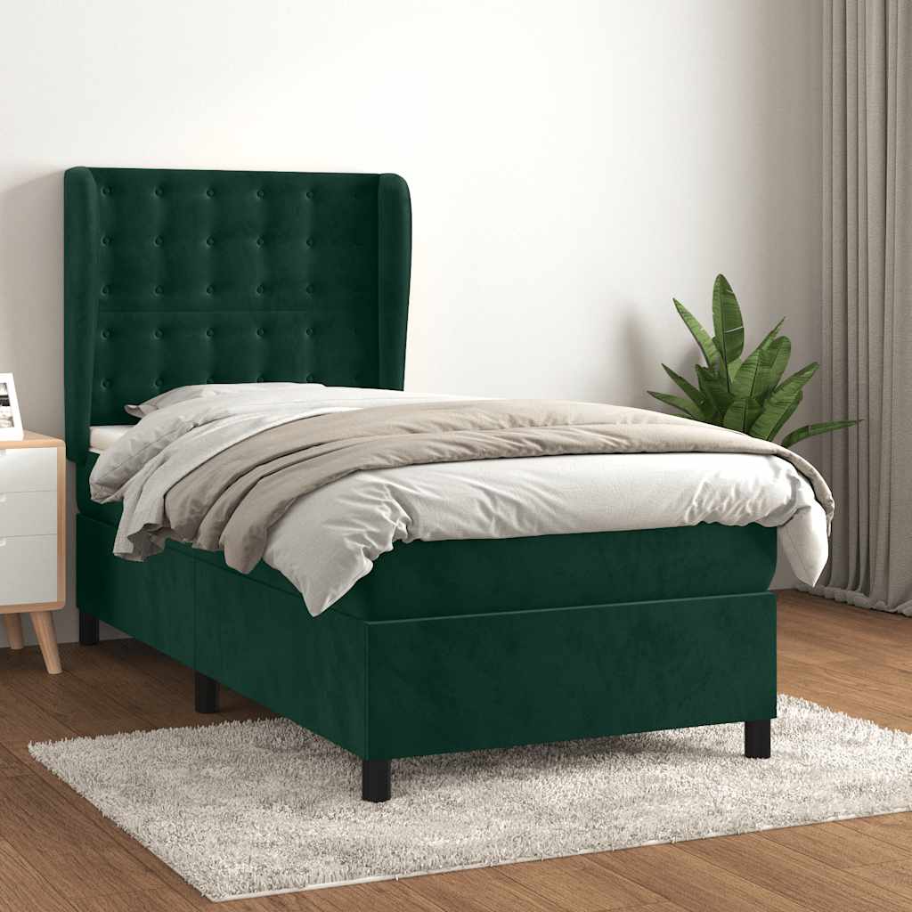 Κρεβάτι Boxspring με Στρώμα Σκούρο Πράσινο 90x200 εκ. Βελούδινο