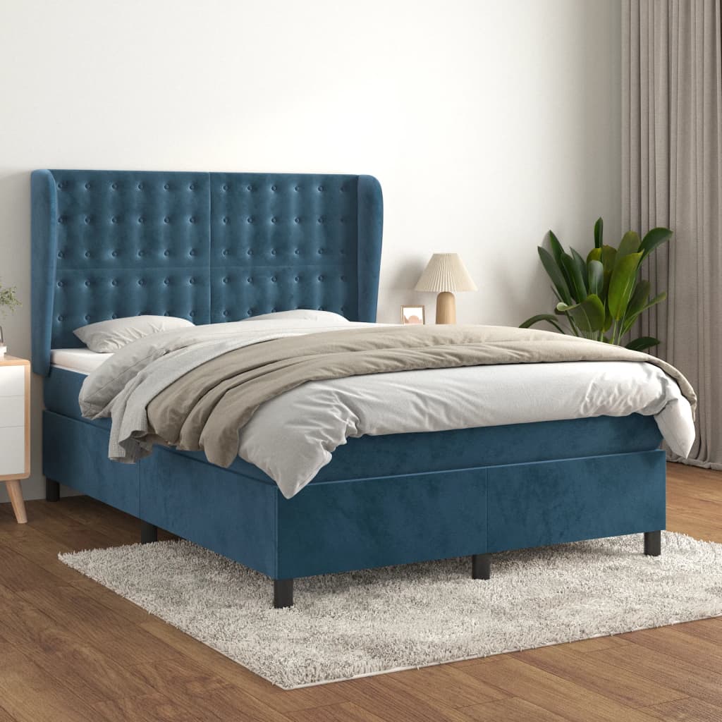 Κρεβάτι Boxspring με Στρώμα Σκούρο Μπλε 140x190 εκ. Βελούδινο - Pakobazaar