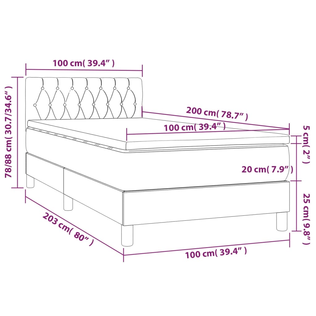 Κρεβάτι Boxspring με Στρώμα Σκούρο Γκρι 100x200 εκ. Υφασμάτινο