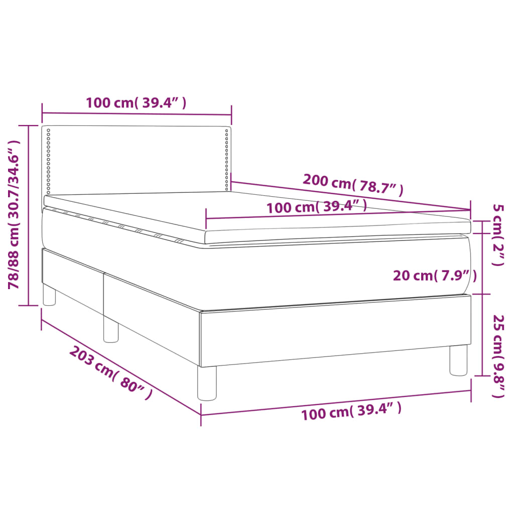 Κρεβάτι Boxspring με Στρώμα Σκούρο Γκρι 100x200 εκ. Υφασμάτινο