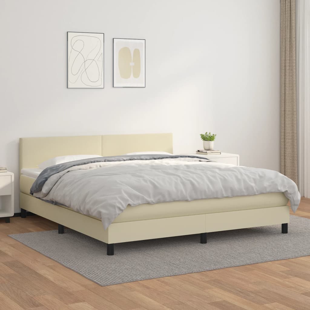 Κρεβάτι Boxspring με Στρώμα Κρεμ 160x200εκ. από Συνθετικό Δέρμα - Pakobazaar