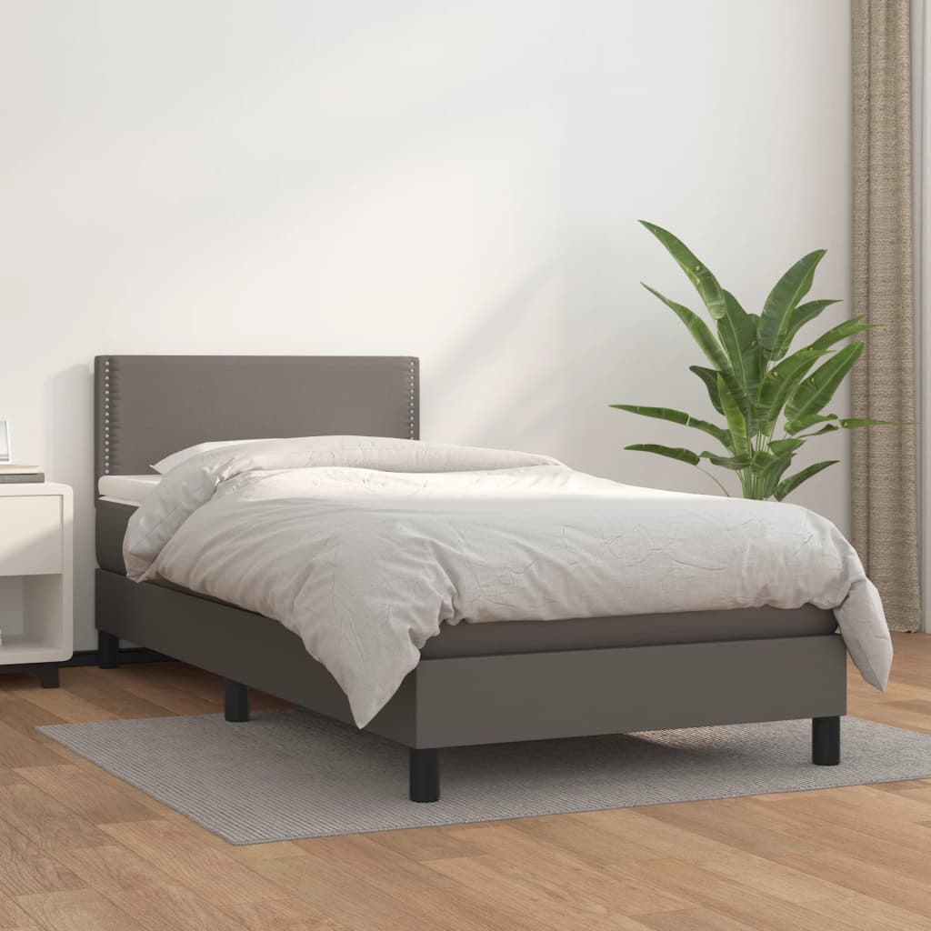 Κρεβάτι Boxspring με Στρώμα Γκρι 90x200 εκ. από Συνθετικό Δέρμα - Pakobazaar