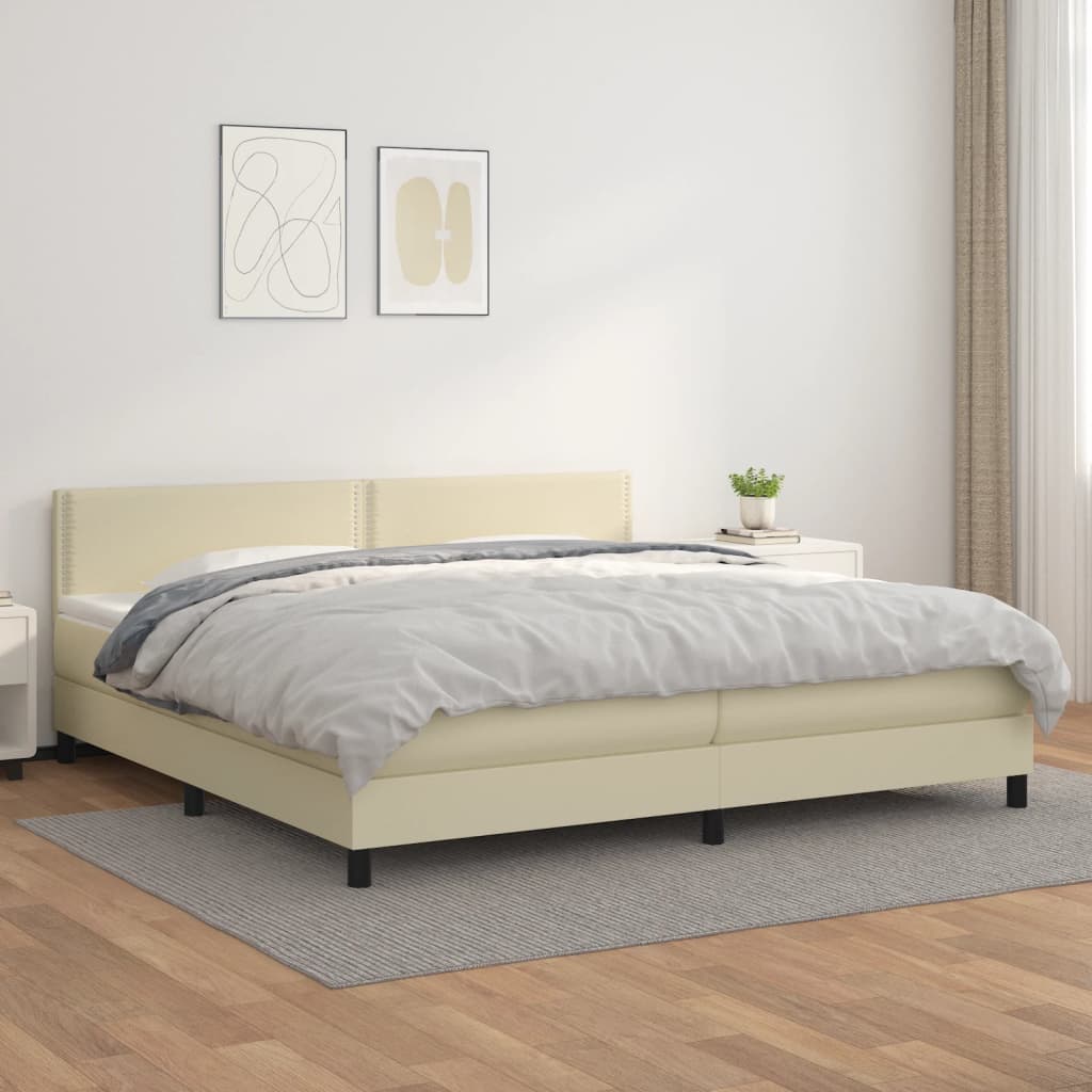 Κρεβάτι Boxspring με Στρώμα Κρεμ 200x200 εκ. Συνθετικό Δέρμα