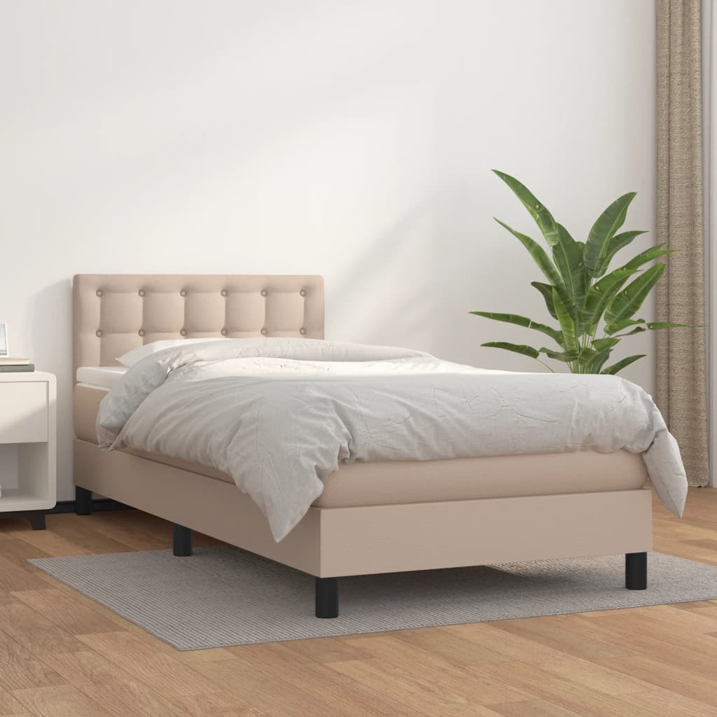 Κρεβάτι Boxspring με Στρώμα Καπουτσίνο 100x200εκ.από Συνθ.Δέρμα - Pakobazaar