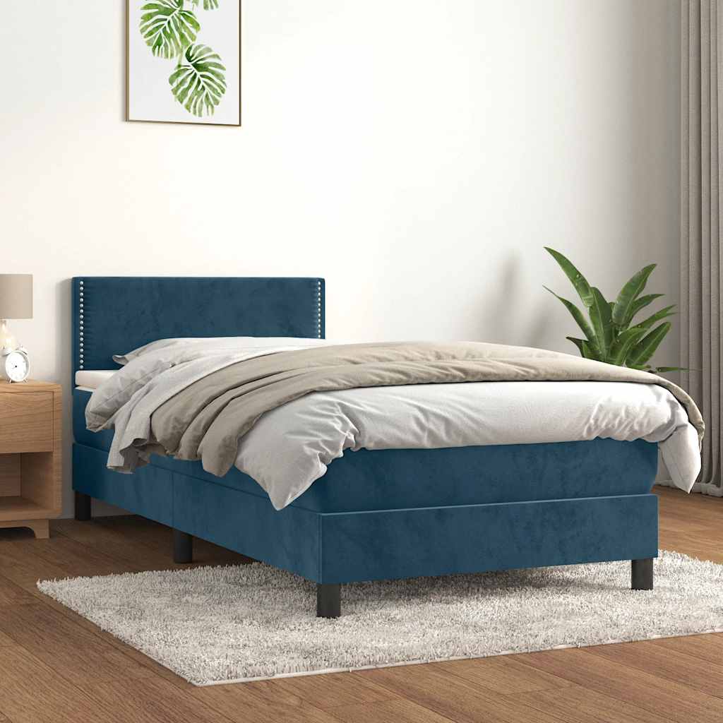 Κρεβάτι Boxspring με Στρώμα Σκούρο Μπλε 90x200 εκ. Βελούδινο - Pakobazaar