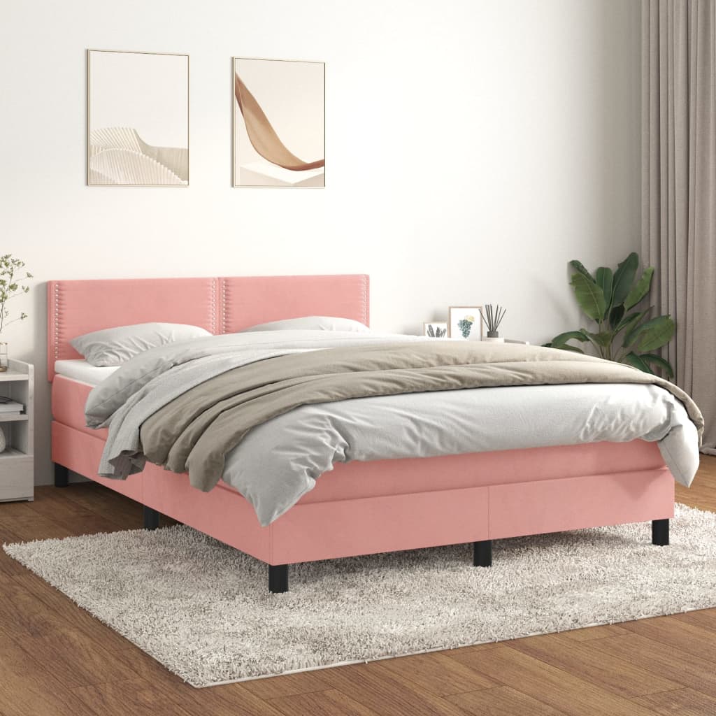 Κρεβάτι Boxspring με Στρώμα Ροζ 140x190 εκ. Βελούδινο - Pakobazaar