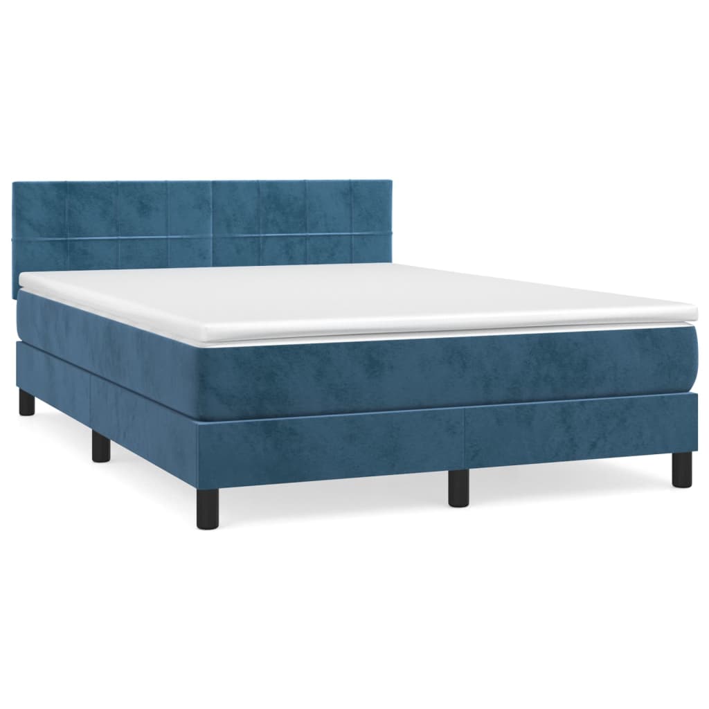 Κρεβάτι Boxspring με Στρώμα Σκούρο Μπλε 140x190 εκ. Βελούδινο - Pakobazaar