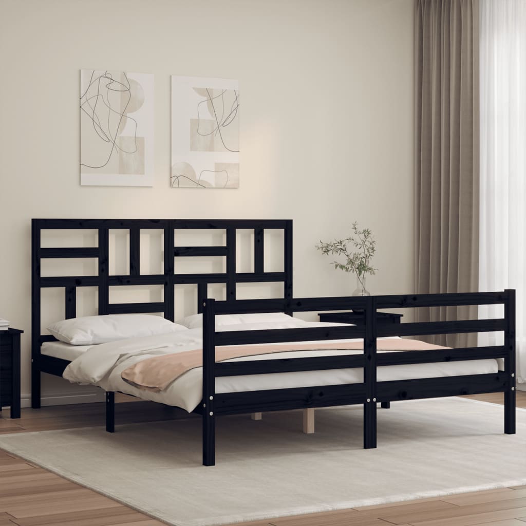 Πλαίσιο Κρεβατιού με Κεφαλάρι Μαύρο 160 x 200 εκ. Μασίφ Ξύλο