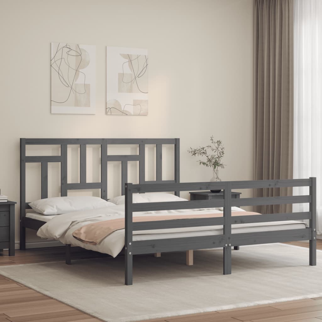 Πλαίσιο Κρεβατιού με Κεφαλάρι Γκρι 160x200 εκ Μασίφ Ξύλο