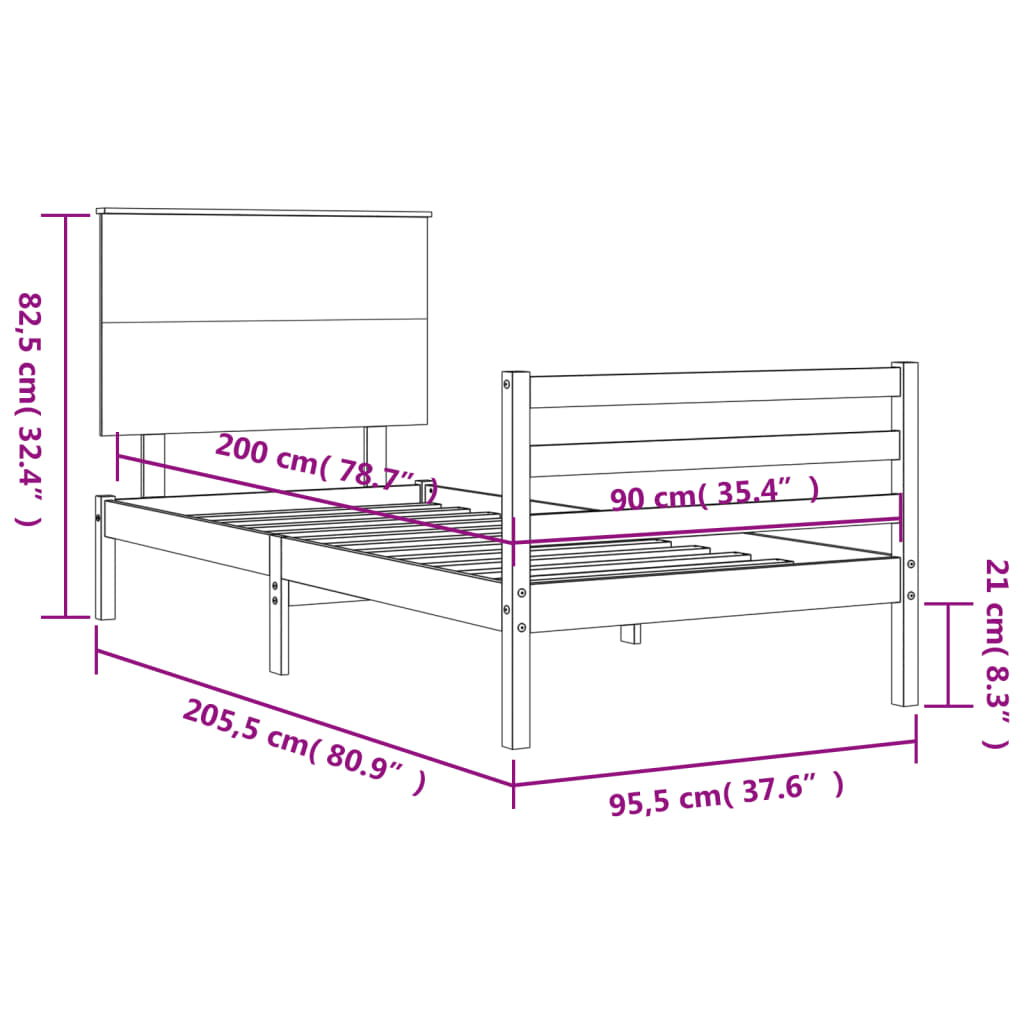 Πλαίσιο Κρεβατιού με Κεφαλάρι Μαύρο 90x200 εκ. Μασίφ Ξύλο