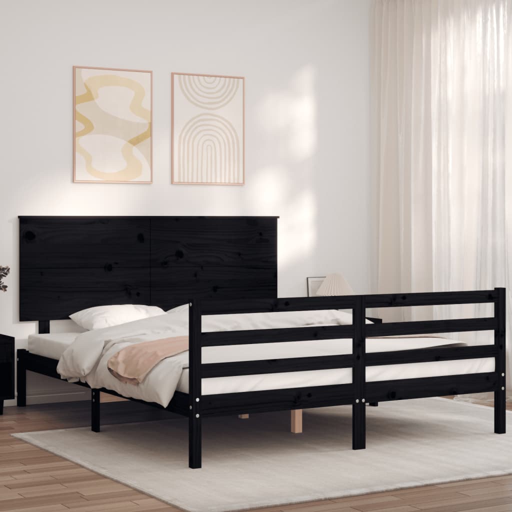 Πλαίσιο Κρεβατιού με Κεφαλάρι Μαύρο 160 x 200 εκ. Μασίφ Ξύλο