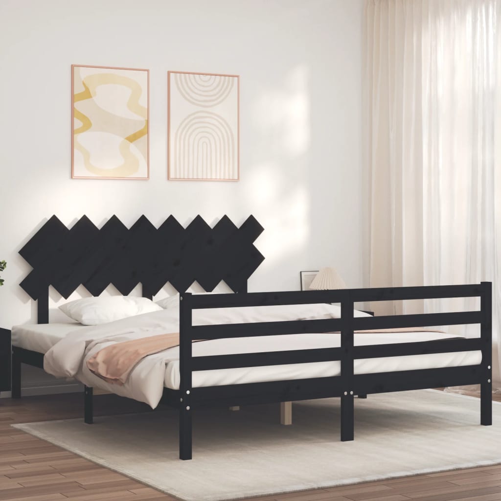 Πλαίσιο Κρεβατιού με Κεφαλάρι Μαύρο 160 x 200 εκ. Μασίφ Ξύλο