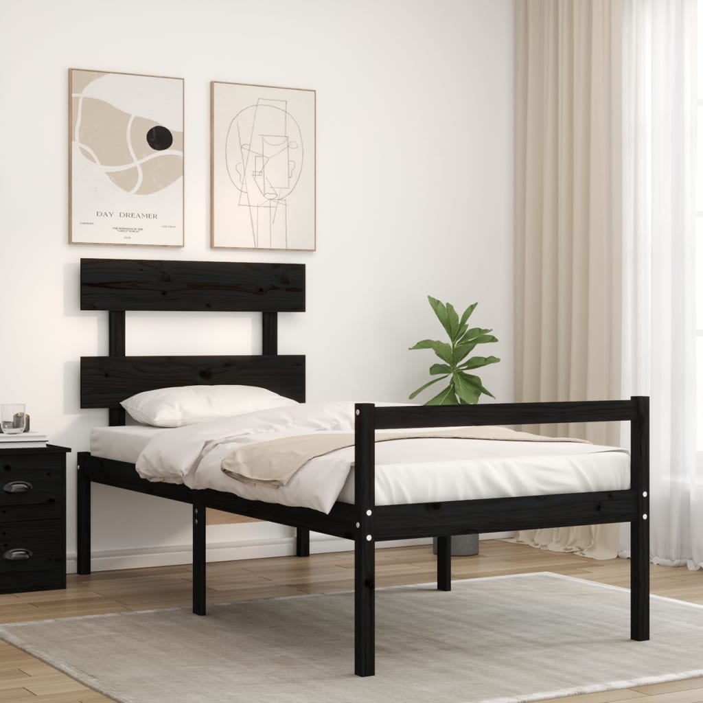 Κρεβάτι Ηλικιωμένου με Κεφαλάρι 90 x 200 εκ. Μαύρο Μασίφ Ξύλο - Pakobazaar