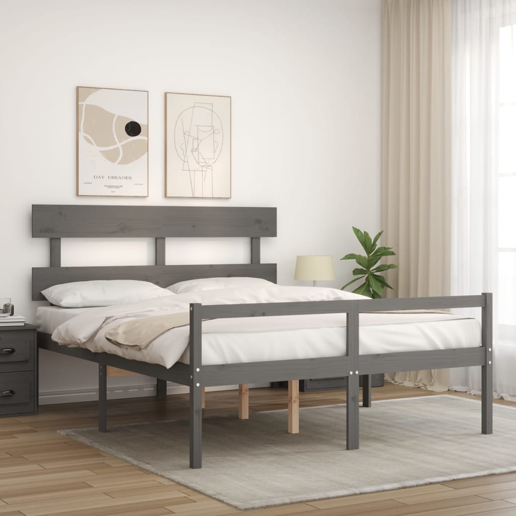 Κρεβάτι Ηλικιωμένου με Κεφαλάρι 160 x 200 εκ. Γκρι Μασίφ Ξύλο