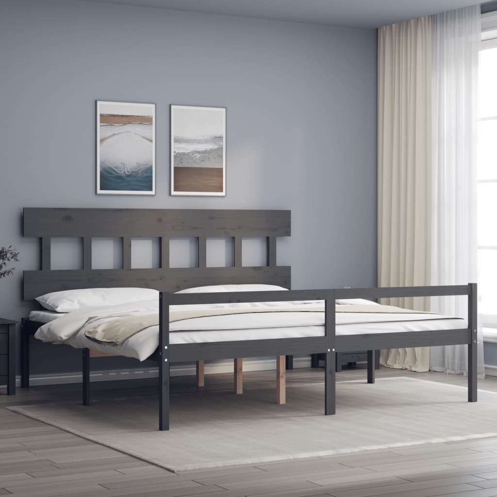Κρεβάτι Ηλικιωμένου με Κεφαλάρι Γκρι Μασίφ Ξύλο Super King Size