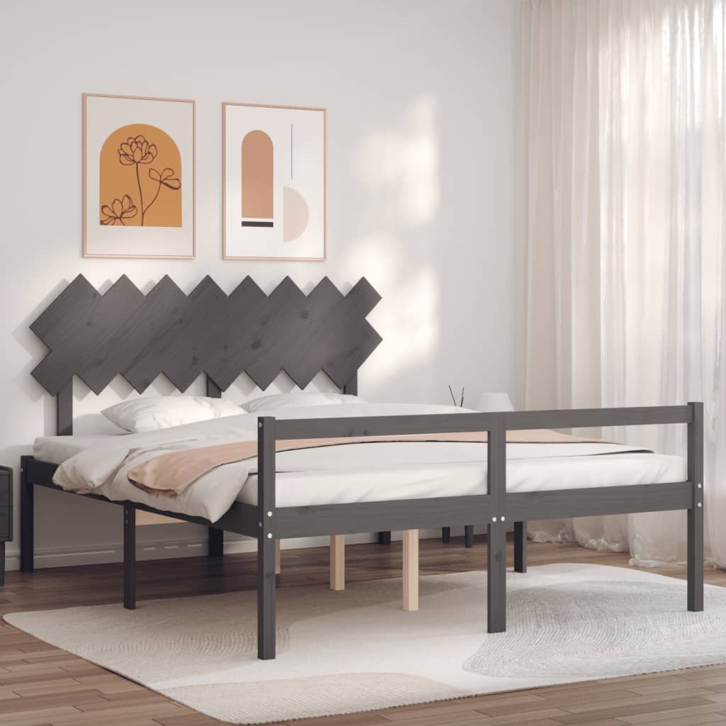 Κρεβάτι Ηλικιωμένου με Κεφαλάρι 160 x 200 εκ. Γκρι Μασίφ Ξύλο
