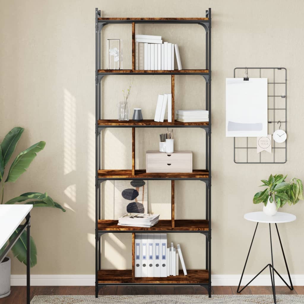 Βιβλιοθήκη 6 Επιπέδων Καπνιστή Δρυς 76x32x192 εκ. Επεξ. Ξύλο - Pakobazaar