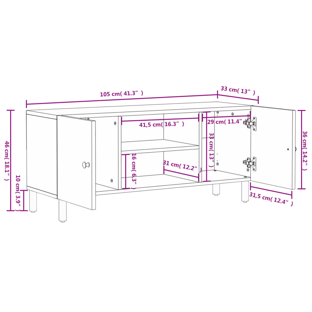 Έπιπλο Τηλεόρασης Μαύρο 105 x 33 x 46 εκ. από Μασίφ Ξύλο Μάνγκο