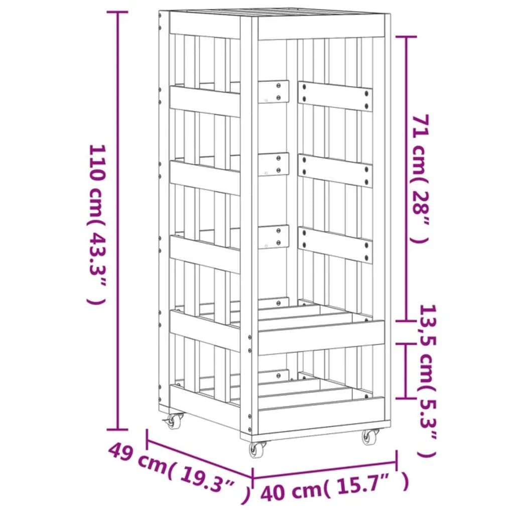 Ξυλοθήκη με Τροχούς Λευκή 40x49x110 εκ. από Μασίφ Ξύλο Πεύκου - Pakobazaar