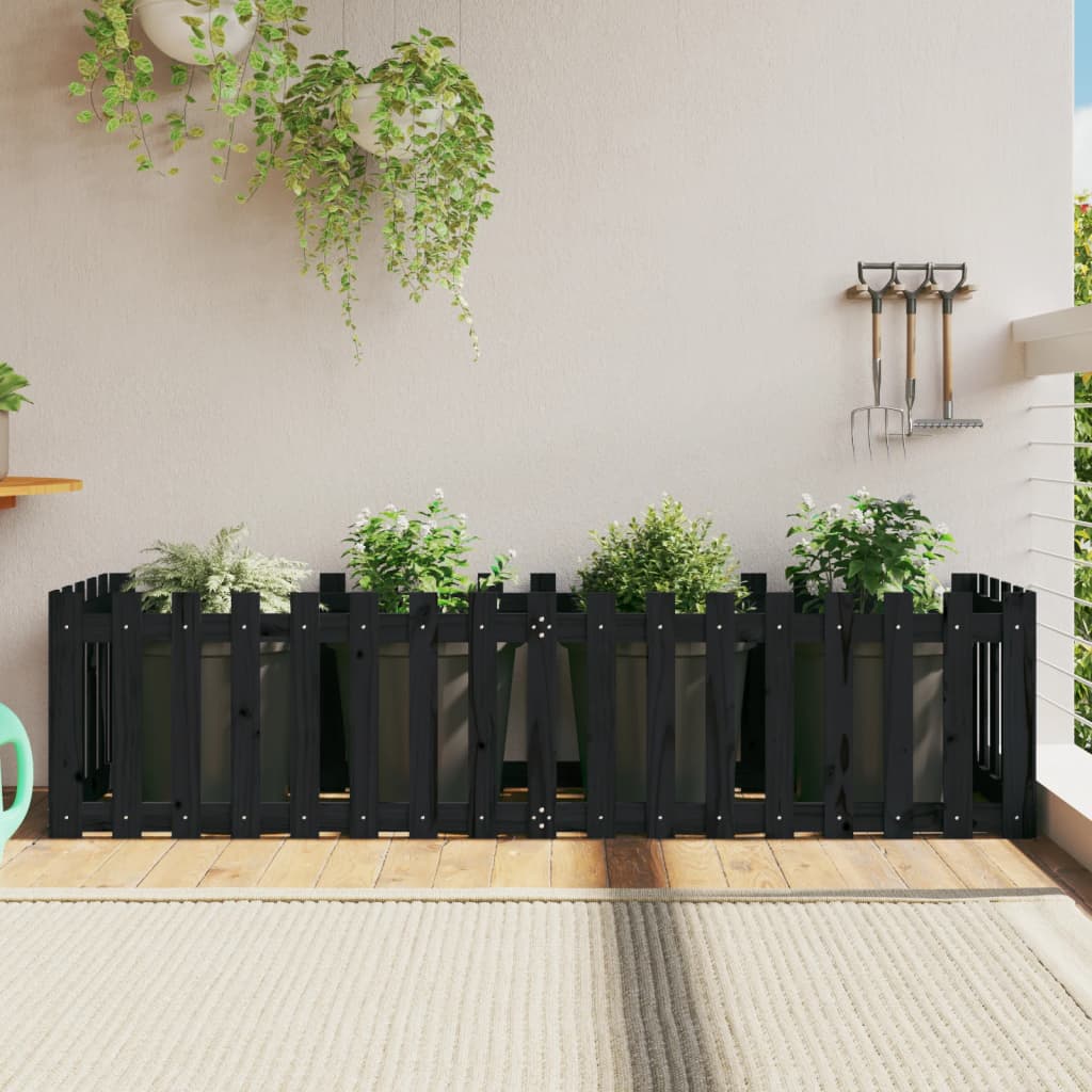 Ζαρντινιέρα με Σχέδιο Φράχτη Μαύρη 200x50x50 εκ. Μασίφ Πεύκο