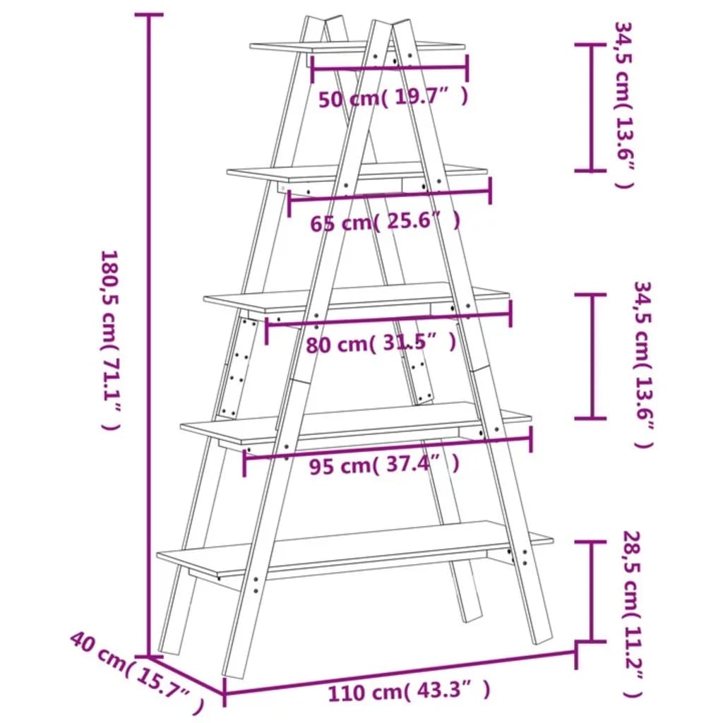 Ραφιέρα 5 Επιπέδων Σχήμα Α 110x40x180,5 εκ. Μασίφ Ξύλο Πεύκου